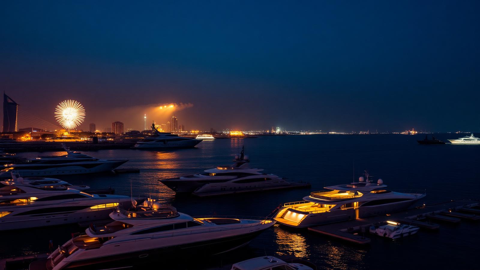 Superyachts at Dubai Harbour at night