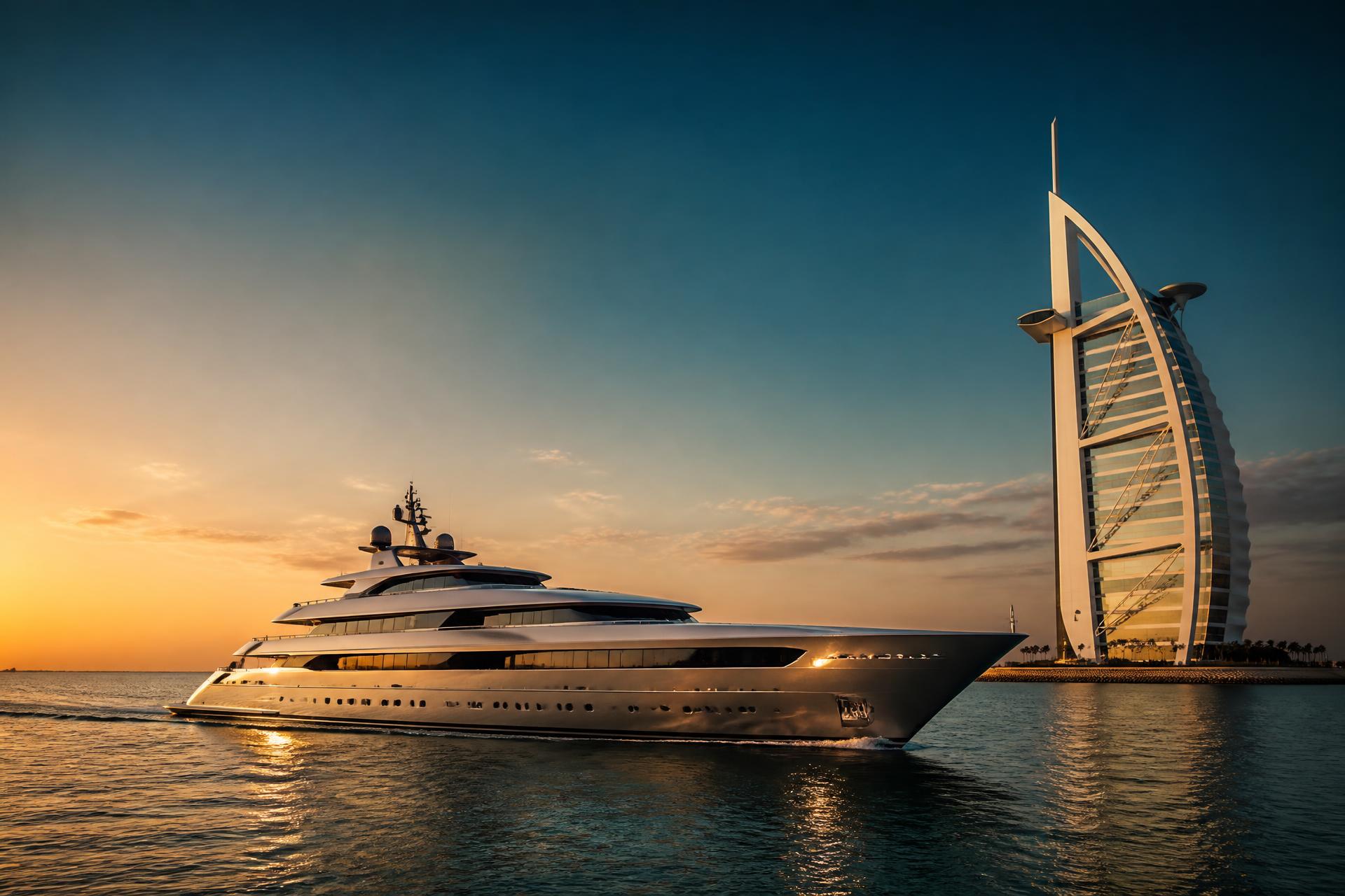 Superyacht at dusk passing the Burj Al Arab, Dubai